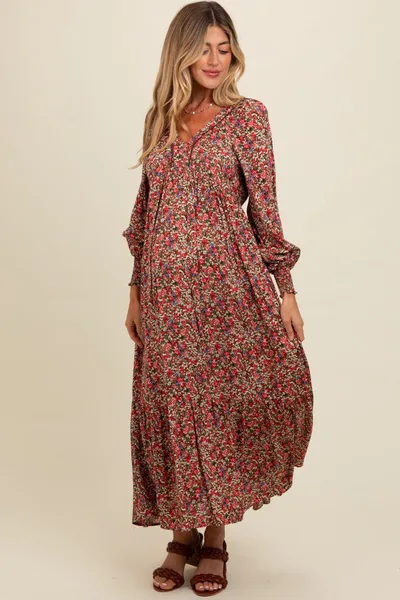 PinkBlush Mocha Floral V-Neck Bubble Sleeve Maternity Maxi Dress