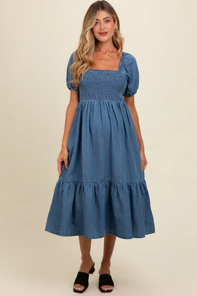 PinkBlush Blue Vintage Wash Chambray Smocked Maternity Midi Dress