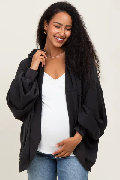 PinkBlush Black Solid Terry Long Dolman Sleeve Vintage Maternity Hoodie