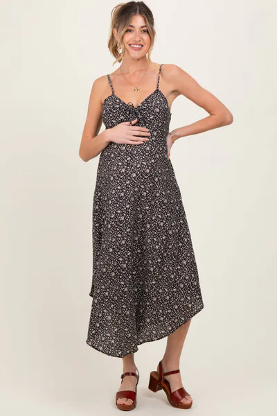 PinkBlush Black Floral Cinched Front Tie Maternity Midi Dress