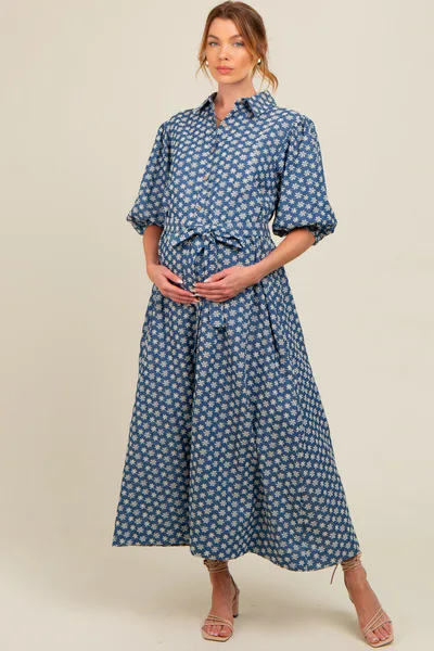 PinkBlush Navy Floral Embroidered Button Down Chambray Maternity Maxi Dress