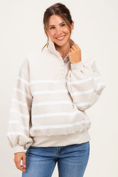 PinkBlush Beige Striped Snap Button Maternity Pullover