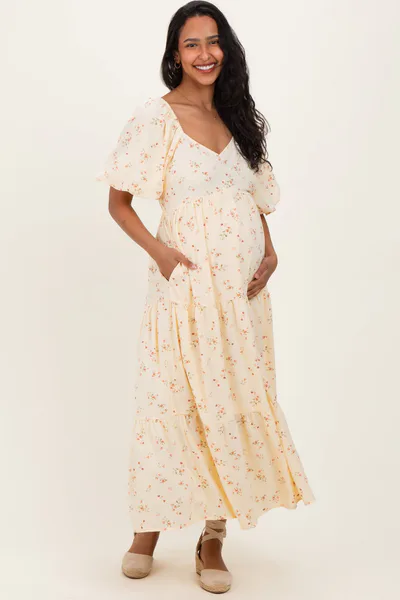 PinkBlush Butter Yellow Floral Tiered Puff Sleeve Maternity Midi Dress