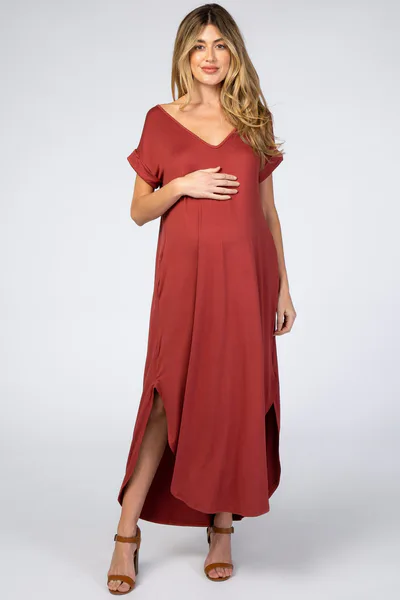 PinkBlush Rust Side Slit Maternity Maxi Dress