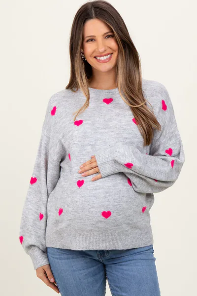 PinkBlush Heather Grey Heart Print Oversized Maternity Sweater