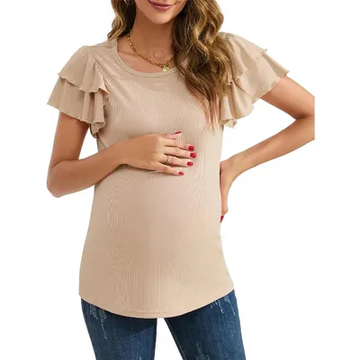 Target Maternity Tops Women's Flying Short Sleeve Stylish T Shirt Casual Pregnancy Clothes Apricot M