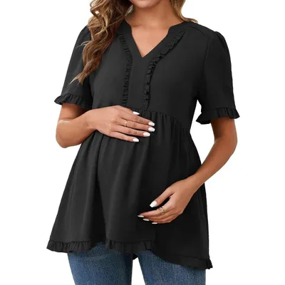 Target INSPIRE CHIC Women's Maternity Tops Boho Ruffled Notched Neck Short Sleeve Shirts Flowy Blouses Medium Black
