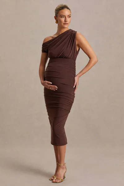 Club L London Linnea | Brown Asymmetric-Neck Maternity Midi Dress