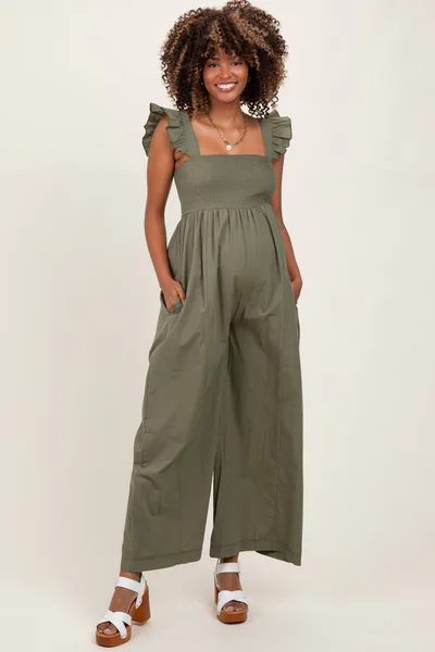PinkBlush Olive Ruffle Strap Smocked Wide Leg Maternity Jumpsuit