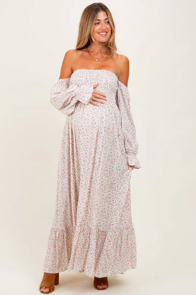 PinkBlush Cream Floral Smocked Off Shoulder Maternity Maxi Dress