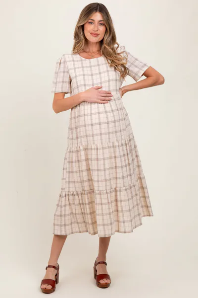 PinkBlush Ivory Plaid Tiered Short Sleeve Maternity Dress