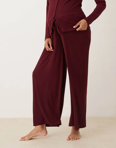 ASOS lounge mix & match ribbed wide leg pants in burgundy