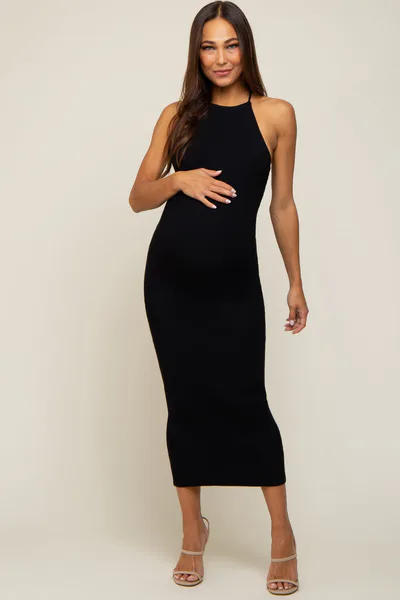 PinkBlush Black Rib Knit Cutout Criss Cross Back Maternity Maxi Dress