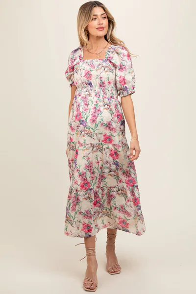 PinkBlush Cream Floral Puff Sleeve Smocked Maternity Midi Dress
