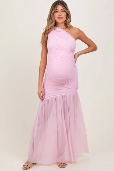 PinkBlush Light Pink Ruched Mesh One Shoulder Maternity Maxi Dress
