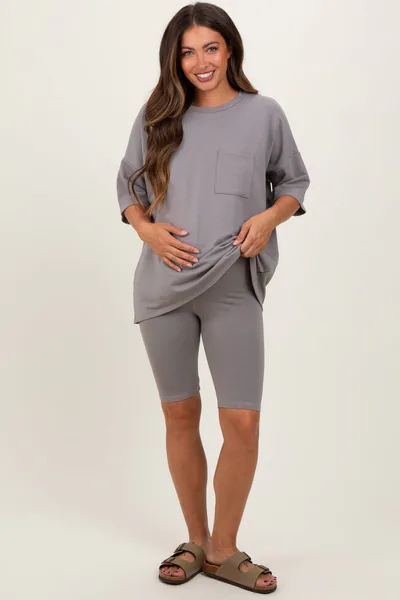PinkBlush Mocha Oversized Short Sleeve Biker Short Maternity Set