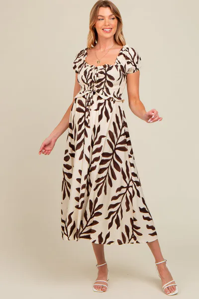 PinkBlush Brown Leaf Print Off Shoulder Smocked Maternity Midi Dress