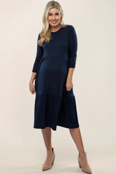 PinkBlush Navy Tiered Ribbed 3/4 Sleeve Maternity Midi Dress