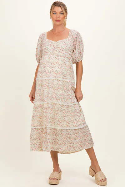PinkBlush Butter Floral Lace Trim Tiered Maternity Midi Dress