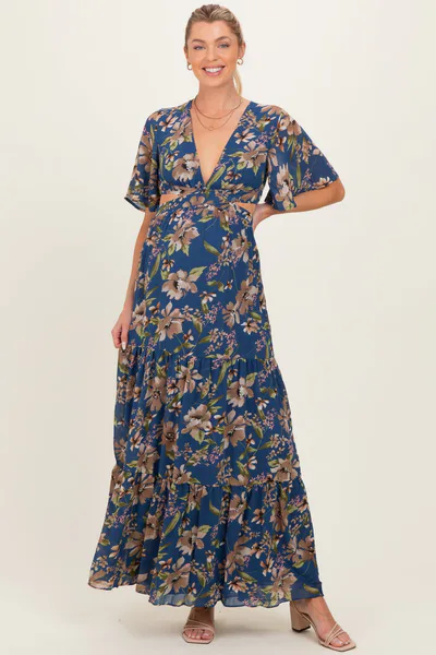 PinkBlush Navy Floral Deep V-Neck Cutout Maternity Maxi Dress
