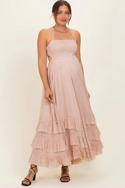 PinkBlush Blush Halter Smocked Ruffle Tier Hem Maternity Maxi Dress
