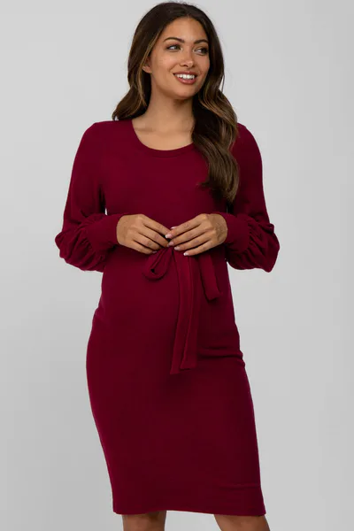 PinkBlush Burgundy Soft Brushed Waist Tie Bubble Sleeve Maternity Dress