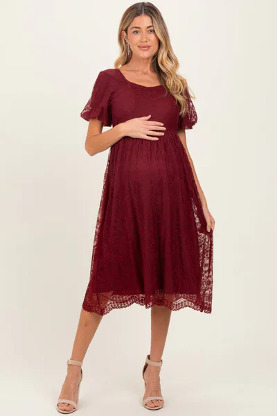PinkBlush Burgundy Lace Sweetheart Neck Short Sleeve Maternity Midi Dress
