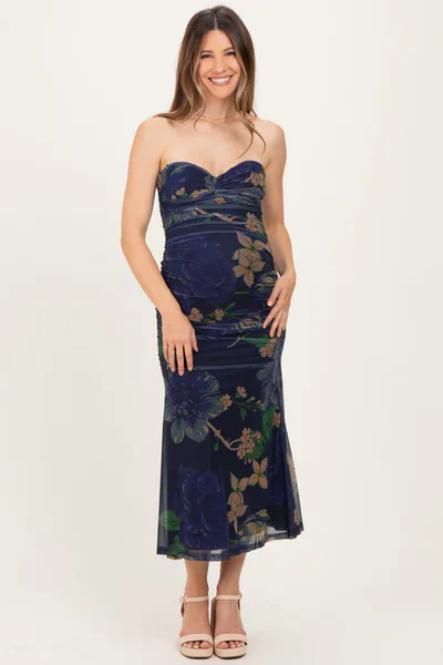 PinkBlush Navy Floral Mesh Ruched Maternity Midi Dress