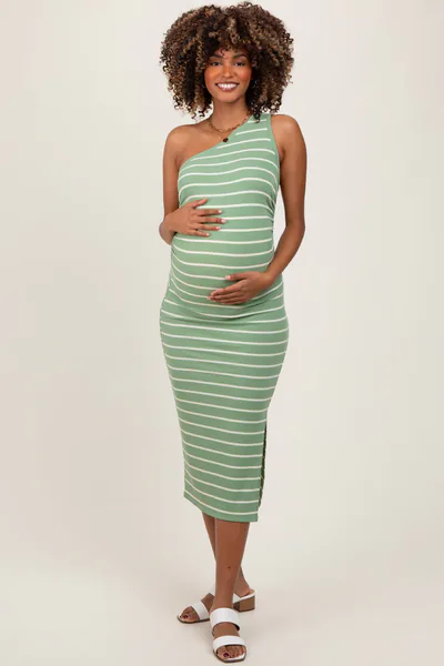 PinkBlush Light Olive Striped One Shoulder Side Slit Maternity Midi Dress