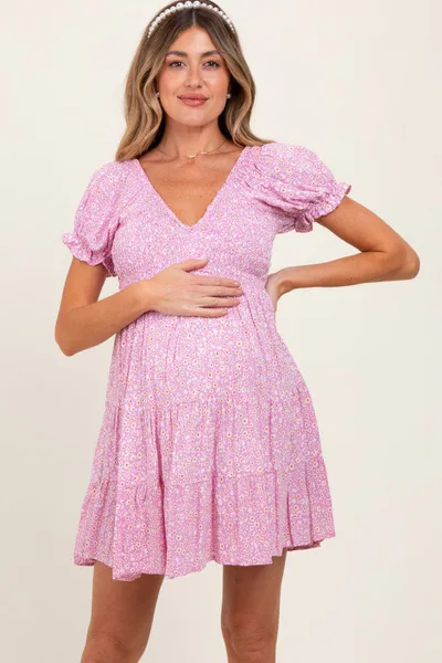 PinkBlush Light Pink Floral Smocked V-Neck Flutter Sleeve Maternity Dress