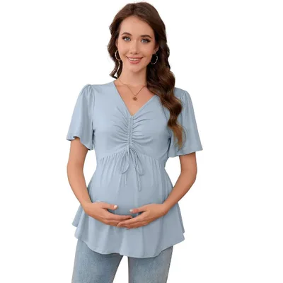 Target Women's Maternity Shirts Summer Short Sleeve Pregnancy Tops V Neck Drawstring T-Shirts Casual Blouses Pregnancy Clothes Blue Grey M