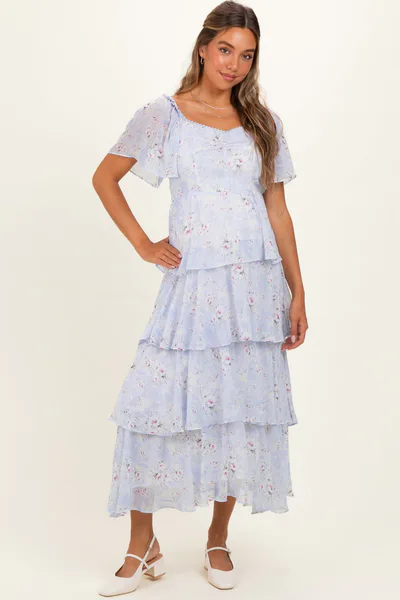 PinkBlush Periwinkle Floral Flounce Tiered Maternity Maxi Dress