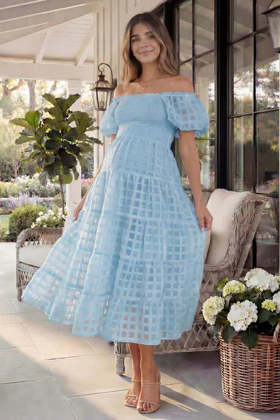 Summer Mae Textured Windowpane Smocked Pregnancy Midi Dress | Cooling Stretch