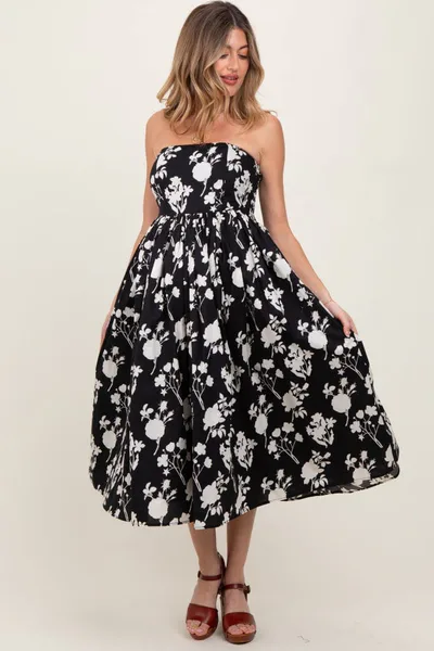 PinkBlush Black Floral Strapless Flare Maternity Midi Dress