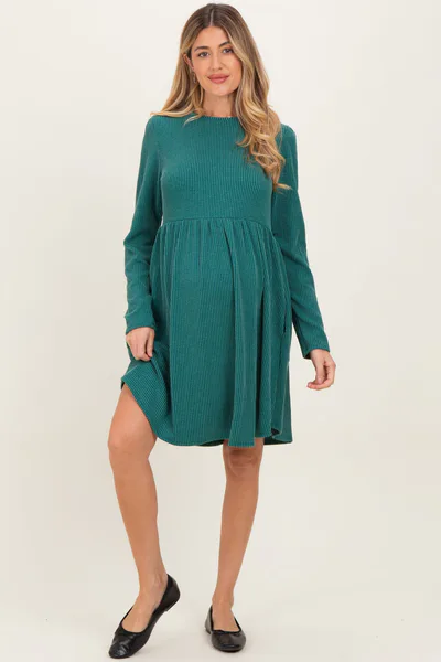 PinkBlush Forest Green Textured Rib Long Sleeve Maternity Dress