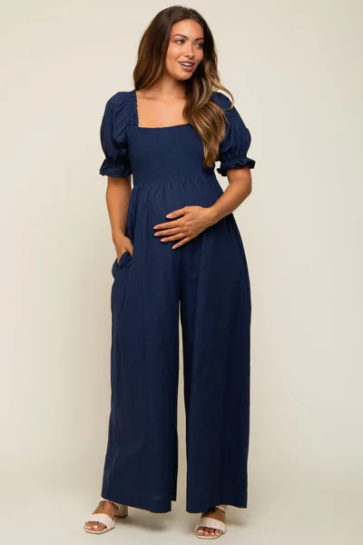 PinkBlush Navy Smocked Square Neck Wide Leg Maternity Jumpsuit