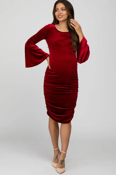 PinkBlush Red Velvet Ruched Bell Sleeve Maternity Dress