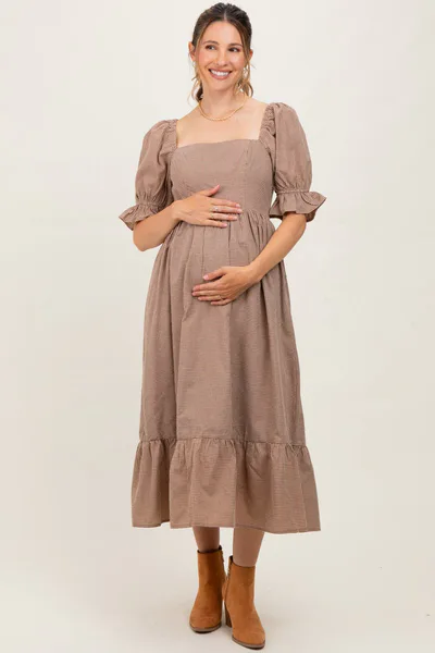 PinkBlush Mocha Gingham Square Neck Maternity Midi Dress