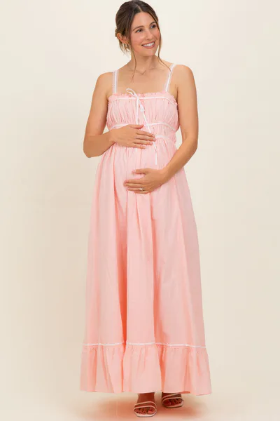 PinkBlush Soft Pink Lace Ribbon Detail Maternity Maxi Dress