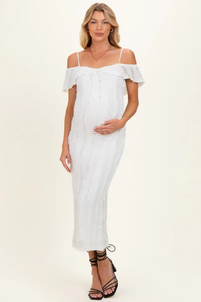 PinkBlush Ivory Off Shoulder Lace Knit Maternity Midi Dress