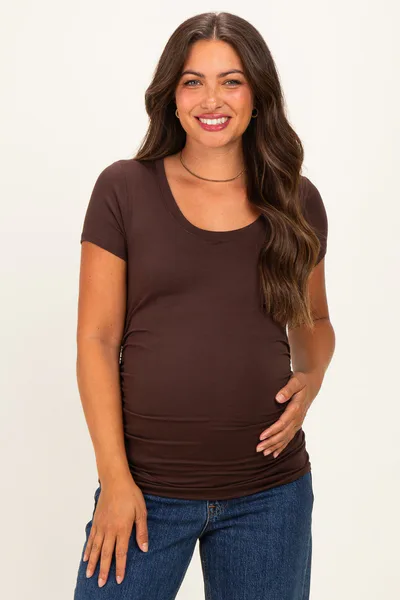 PinkBlush Brown Basic Short Sleeve Maternity Fitted Top