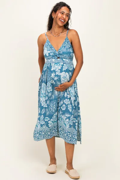 PinkBlush Cornflower Blue Twist Front Cut Out Maternity Midi Dress