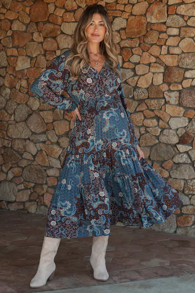 PinkBlush Teal Paisley Print Smocked Waist Tiered Maternity Midi Dress