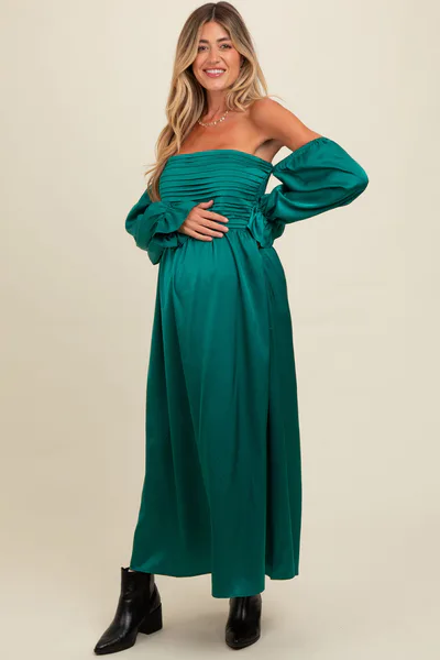 PinkBlush Emerald Green Off Shoulder Satin Pleated Bodice Maternity Maxi Dress