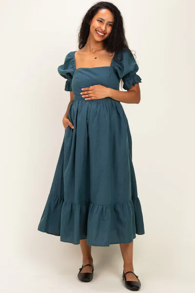 PinkBlush Deep Teal Gingham Square Neck Maternity Midi Dress