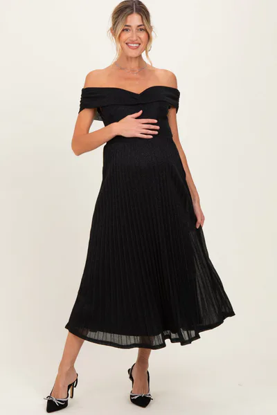 PinkBlush Black Shimmer Off Shoulder Pleated Maternity Midi Dress
