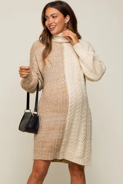 PinkBlush Taupe Color Blocked Turtleneck Maternity Sweater Dress