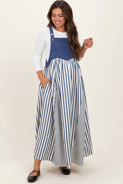 PinkBlush Blue Striped Colorblock Denim Contrast Maternity Maxi Dress
