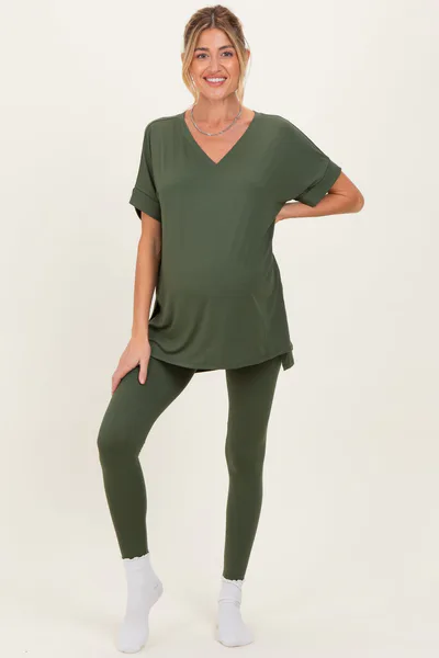 PinkBlush Olive Oversized V-Neck Tee Legging Maternity Lounge Set