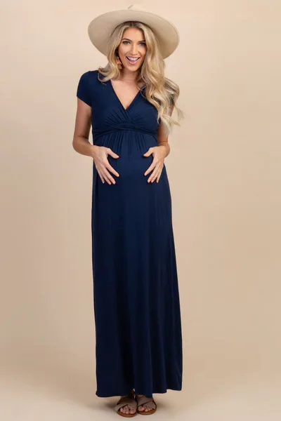 PinkBlush PinkBlush Petite Navy Draped Maternity/Nursing Maxi Dress